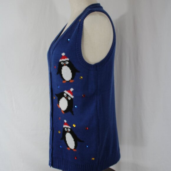 Holiday Christmas Sweater Penguins Vest Blue Acrylic Button Down Size S w/ Gems - Picture 5 of 7